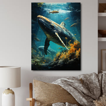 Teal Yellow Marine Animals Graceful Giants - Teal Marine Animals Wall Art